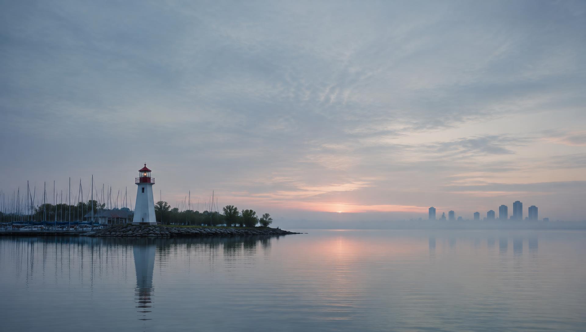 Port Credit lighthouse and marina on Lake Ontario at dawn in Mississauga