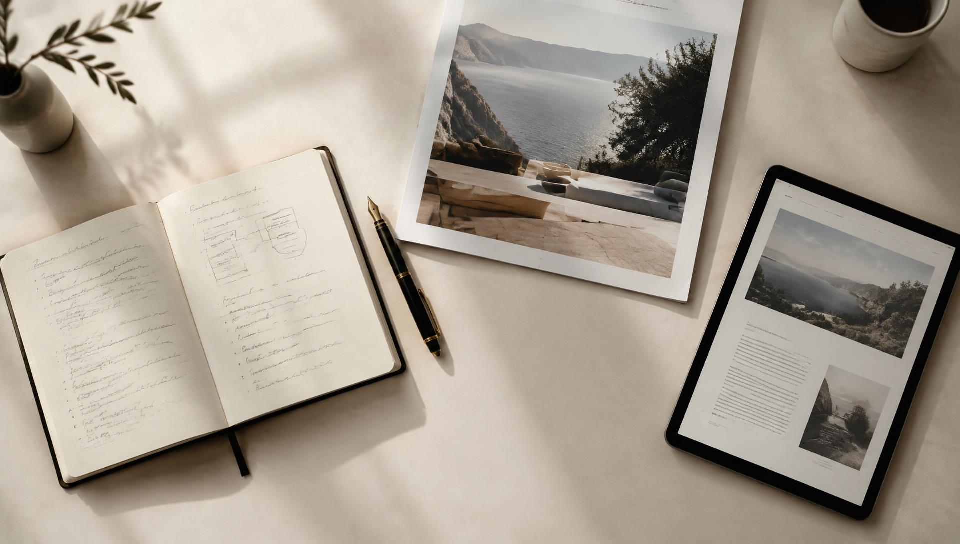 Editorial content planned in a notebook, magazine and tablet