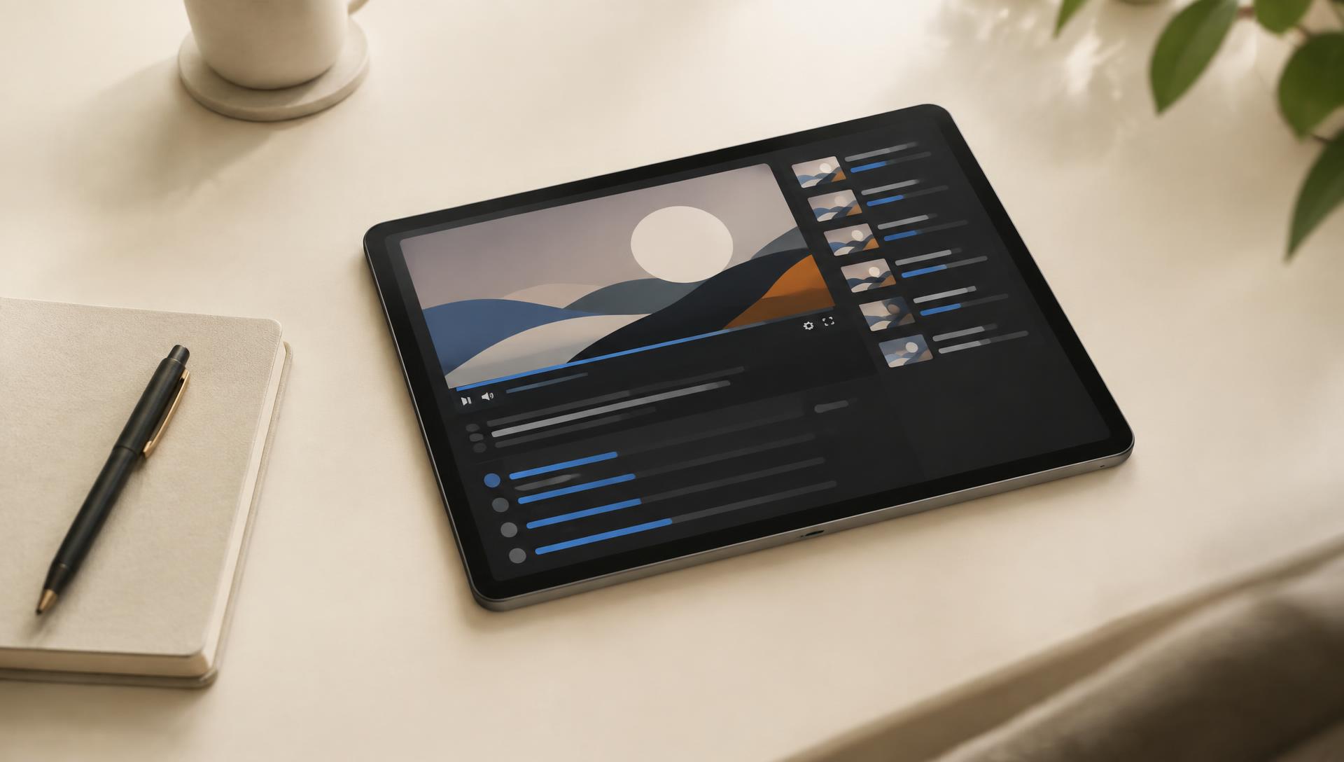 Tablet showing an online video lesson with chapter progress