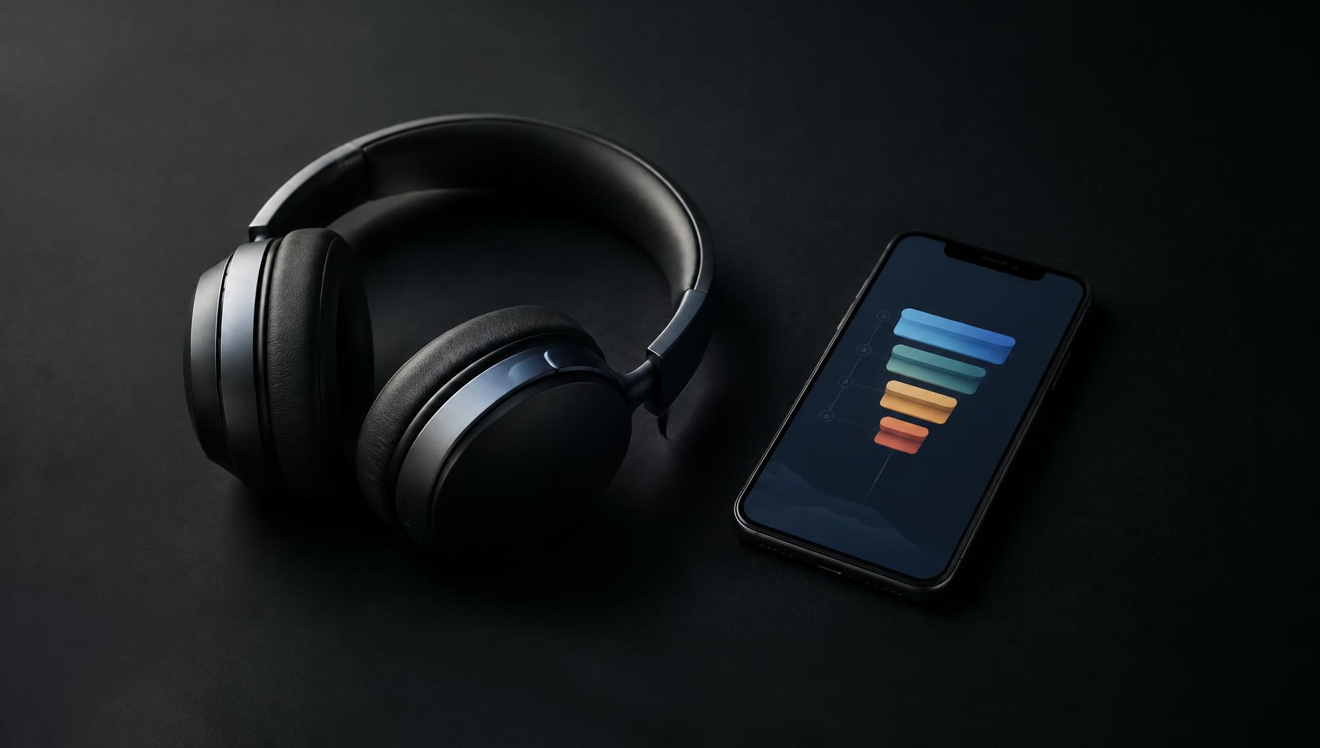 Headphones beside a phone showing a sales pipeline