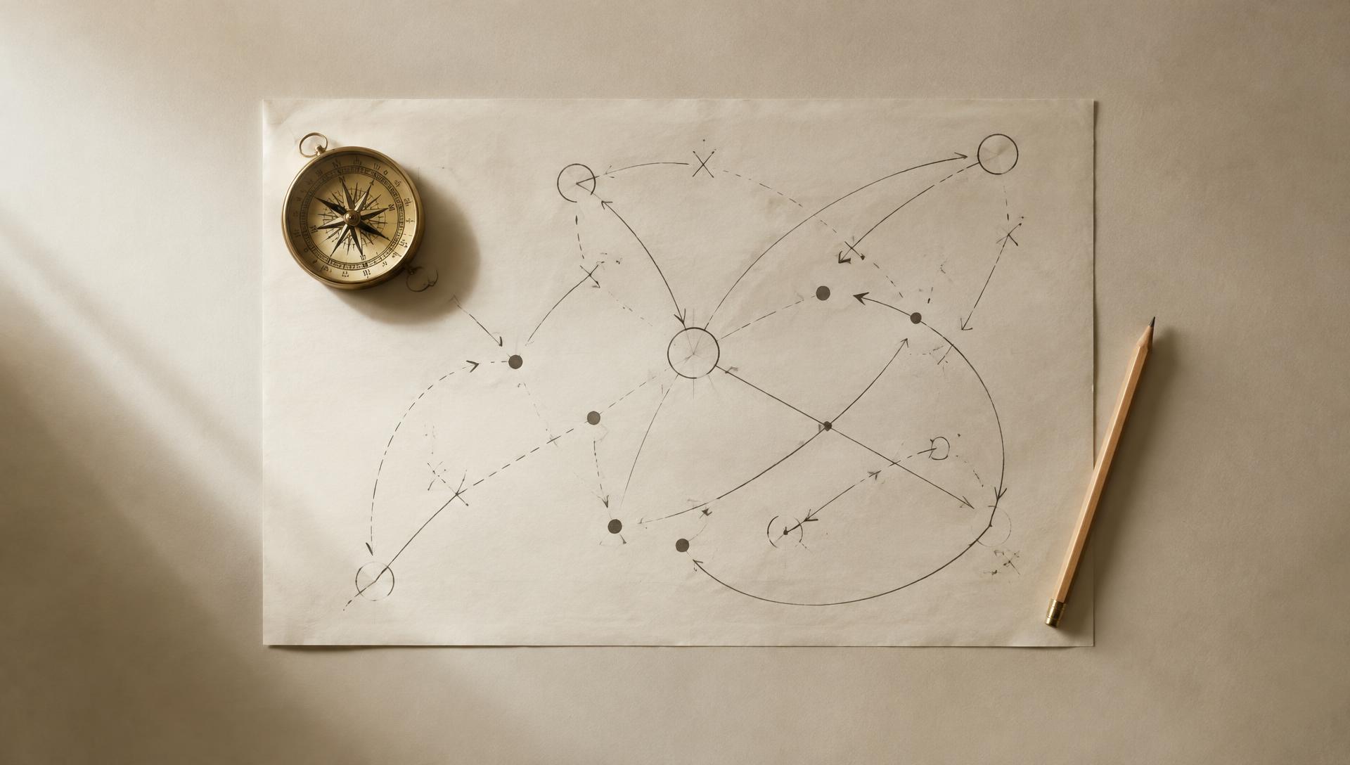 Hand-drawn go-to-market roadmap with a compass