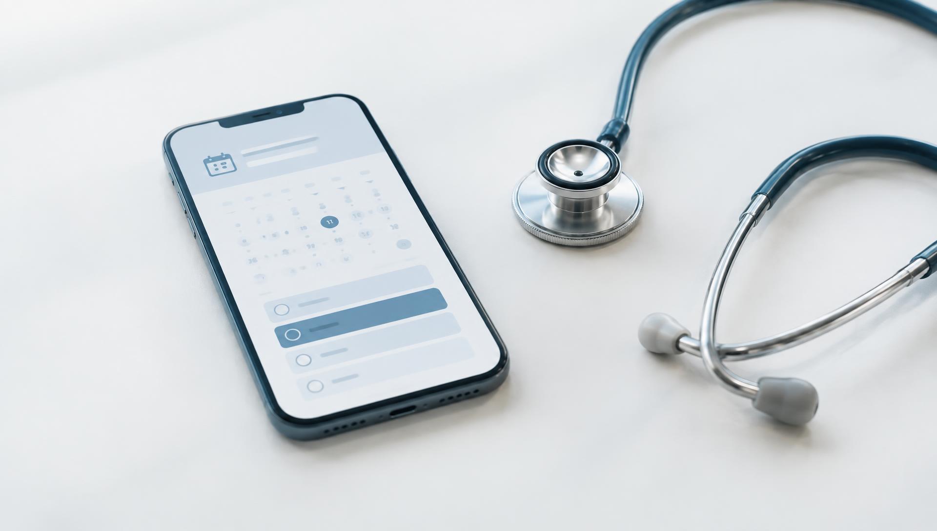 Phone showing a patient booking calendar beside a stethoscope