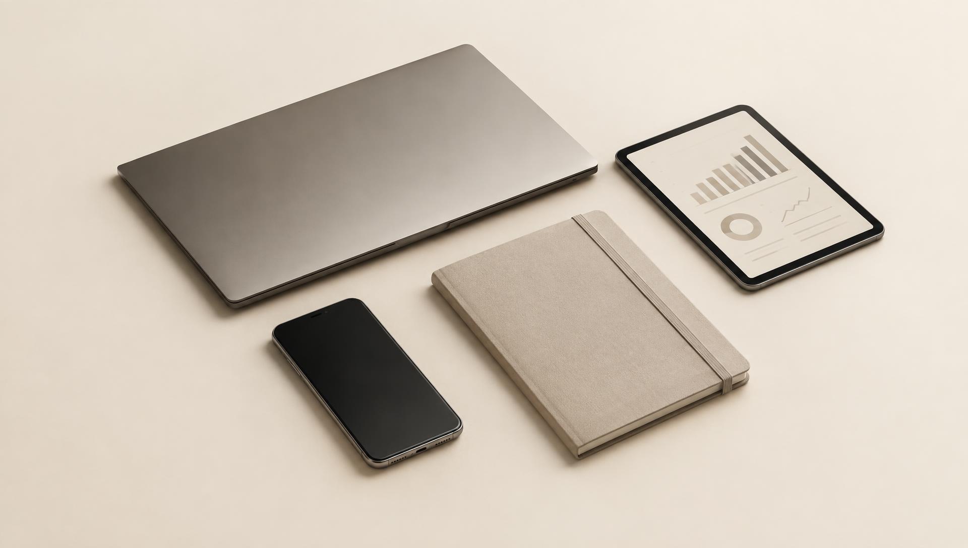 Laptop, phone, tablet and notebook arranged as one system